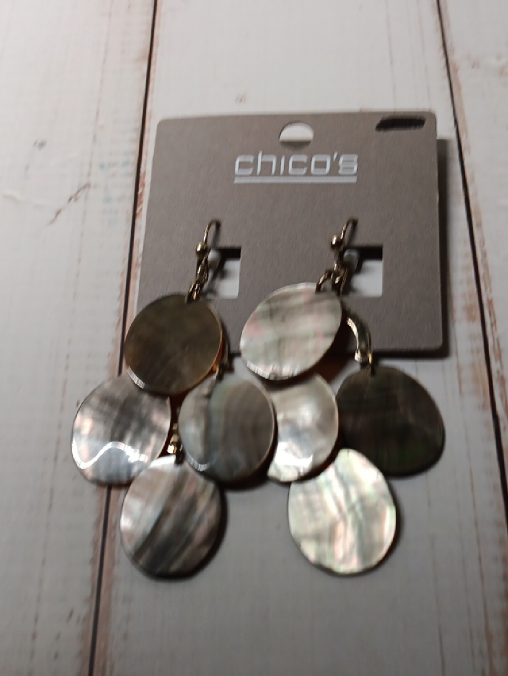 Chico's Iridescent Mother-of-Pearl Disc Drop Earrings with Gold Tone - Picture 1 of 5
